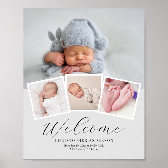 Poster Simple Elegant Baby Boy Photo Date de naissance St (Devant)