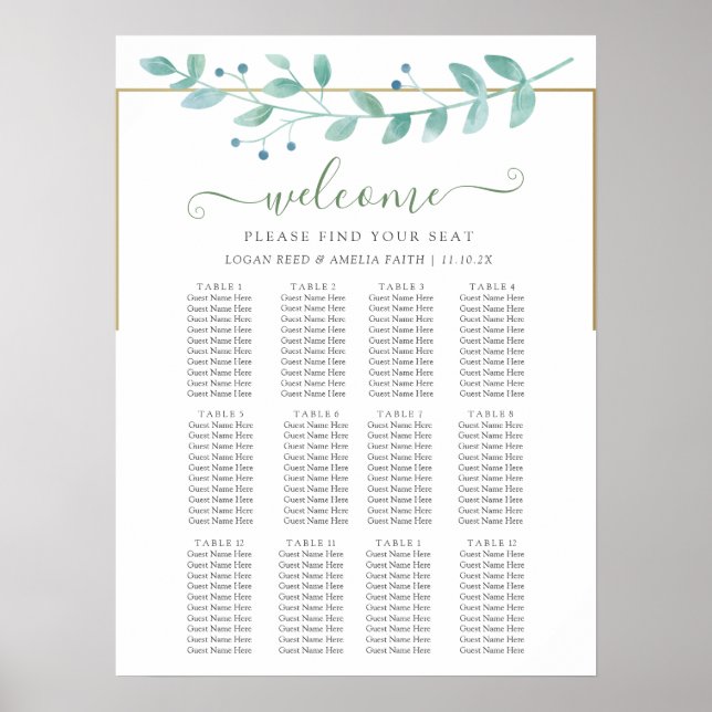 Poster Simple Eucalyptus Greenery Wedding Seating Chart (Devant)