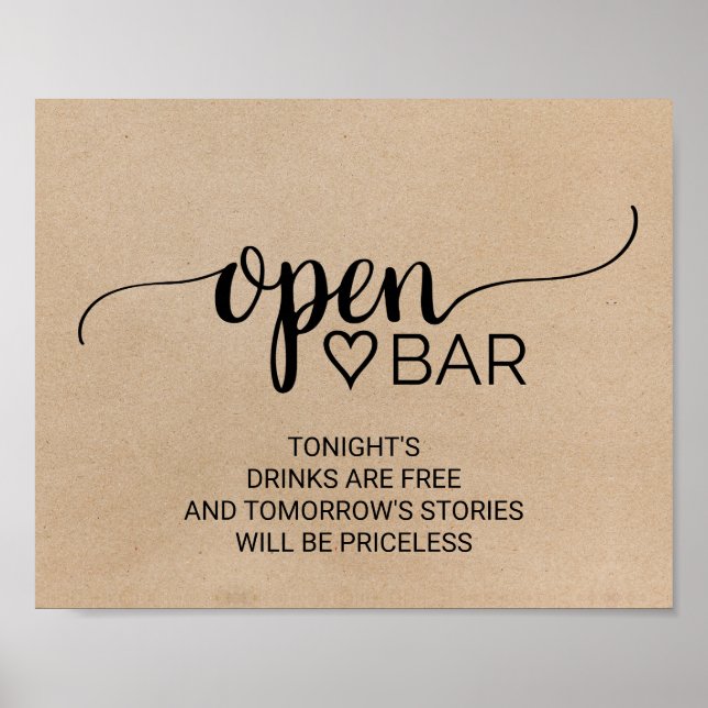 Poster Simple Faux Kraft Calligraphie Open Bar Sign (Devant)
