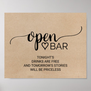 Poster Simple Faux Kraft Calligraphy Open Bar Sign