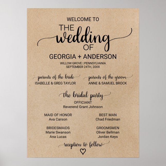 Poster Simple Faux Kraft Calligraphy Wedding Programme (Devant)
