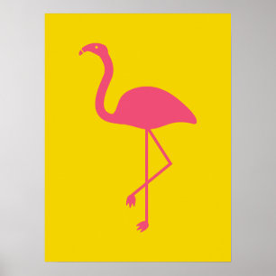 Poster Simple Flamant Rose Oiseau Silhouette Sur Jaune