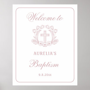 Poster Simple Floral Pink Cross Baptism Bienvenue