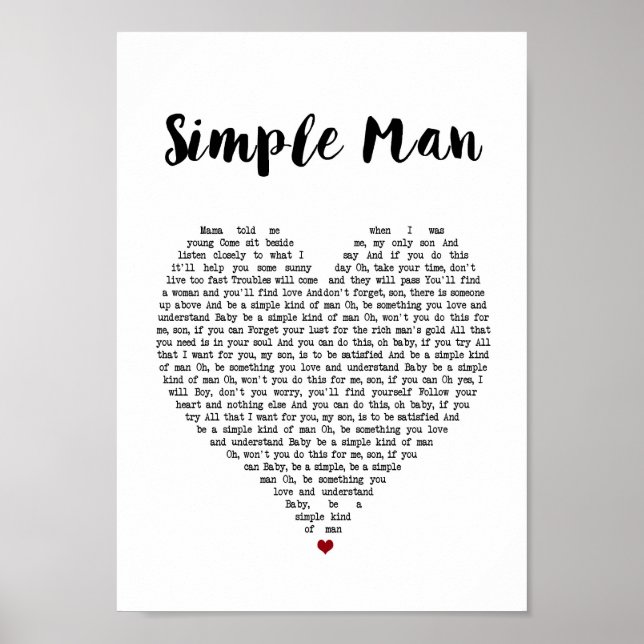 Poster Simple Man Heart Chanson Lyrique Wall Art Imprimer (Devant)
