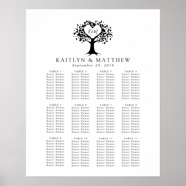 Poster Simple Mariage de l'arbre cardiaque du Monogramme  (Devant)