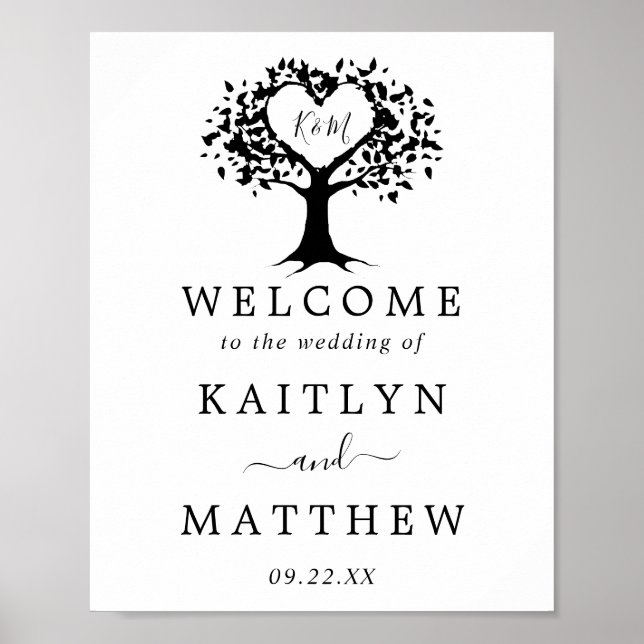 Poster Simple Mariage de l'arbre cardiaque du Monogramme  (Devant)