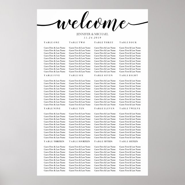 Poster Simple Mariage Seize Table de Bienvenue Placement (Devant)