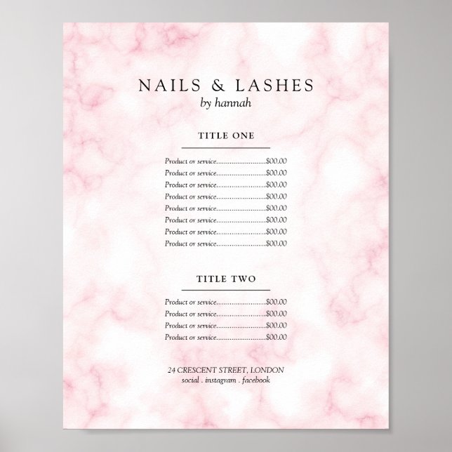 Poster Simple Menu Prix Marbre Or Rose  (Devant)