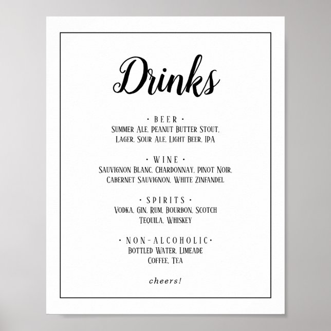 Poster Simple Minimaliste Mariage Boissons Menu Panneau C (Devant)