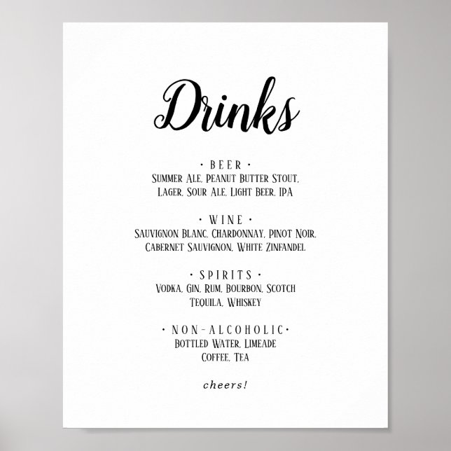 Poster Simple minimaliste Mariage Boissons Menu Signer (Devant)