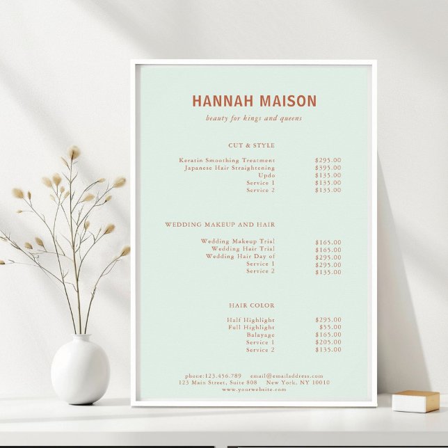 Poster Simple moderne, Professionnel, Salon, Tarifs (Modern, Simple, Professional, Salon, Green & Orange-Brown, Price List Poster, for Service Providers.)