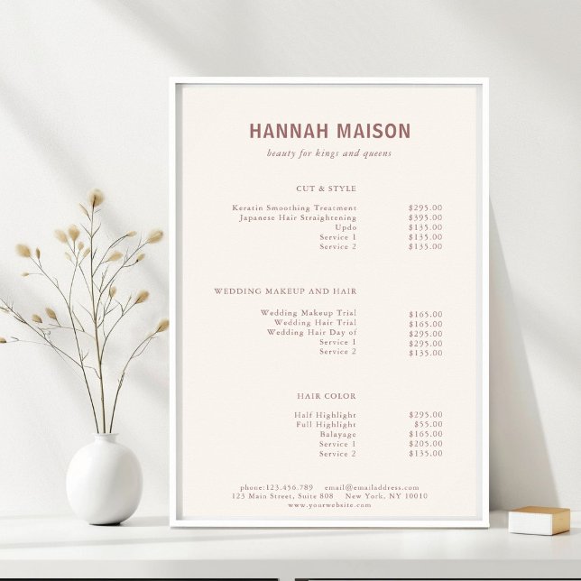 Poster Simple moderne, Professionnel, Salon, Tarifs (Modern, Simple, Professional, Salon, Price List Poster, Beige & Brown for Service Providers.)