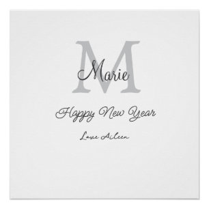 Poster simple monogramme bonne année gris nom 