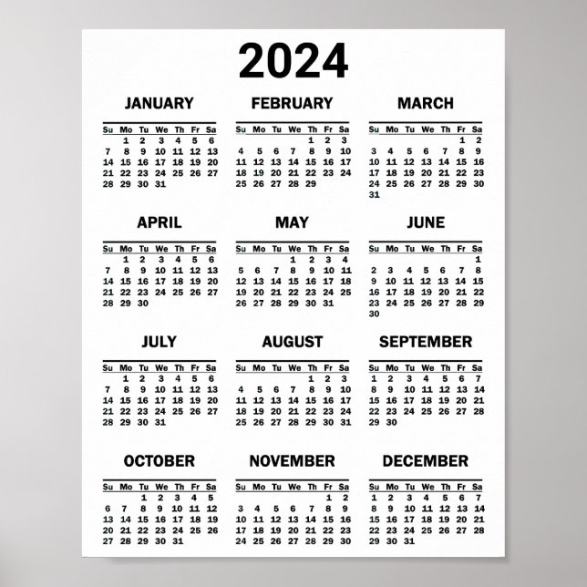 Poster Simple Noir & Blanc 2024 Année en bref Calendrier (Devant)
