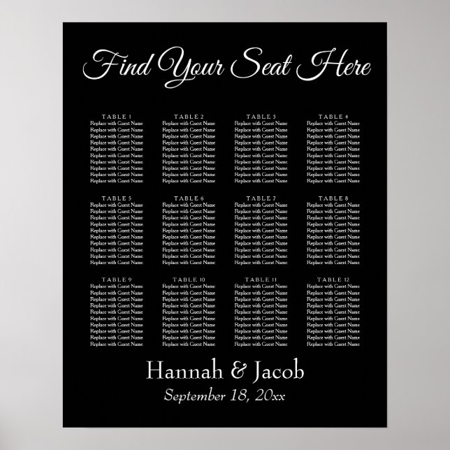 Poster Simple Noir Blanc Mariage Réception Carte de siège (Devant)