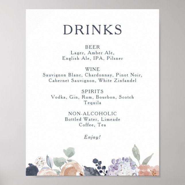 Poster Simple Rustique Mariage Floral Boissons Menu Signe (Devant)