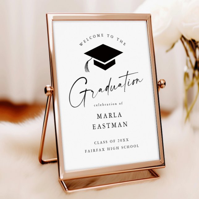 Poster Simple Script noir & blanc Graduation Welcome (Modern script black and white graduation welcome poster print.)