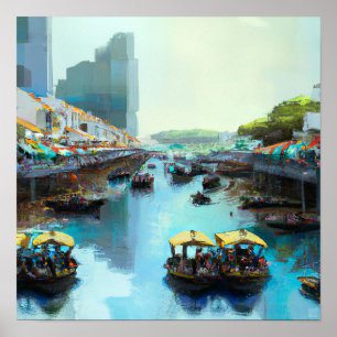 Poster Singapore River Avec Bum Boats - Art en toile