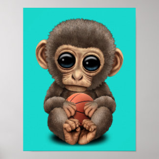 Poster Singe Bébé Mignonne Jouant Avec Basket-Ball