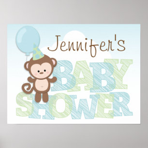Poster Singe mignon ; Baby shower bleu et vert