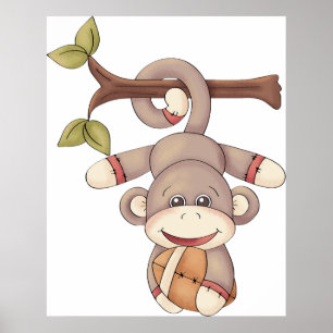 Poster Singe Mignon Suspendu avec Ballon de Football