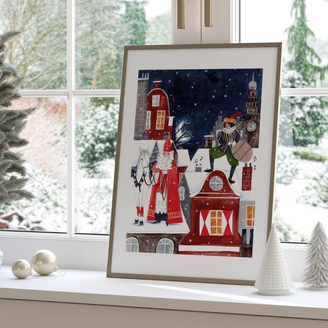 Poster Sinterklaas et Piet sur les toits d'Amsterdam (Saint Nicholas on the roofs of Amsterdam Poster)