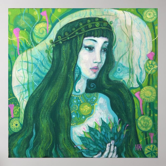 Poster Sirène à cheveux vert sous l'Imaginaire sous-marin (Devant)