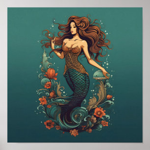 Poster Sirène à fleurs cerclées
