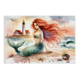 Poster Sirène à l'aquarelle au bord du phare