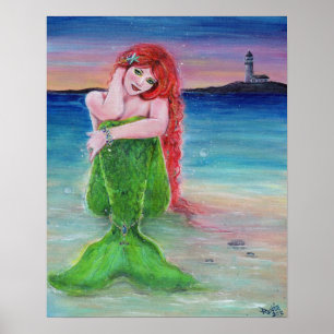 Poster Sirène à tête rouge sur la plage avec phare