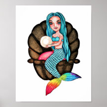 Sirène Arc-En-Ciel Avec Perle En Aquarelle