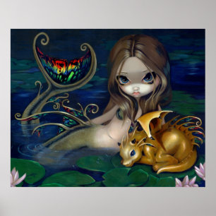 Poster Sirène avec un Golden Dragon Art Imprimer imaginai