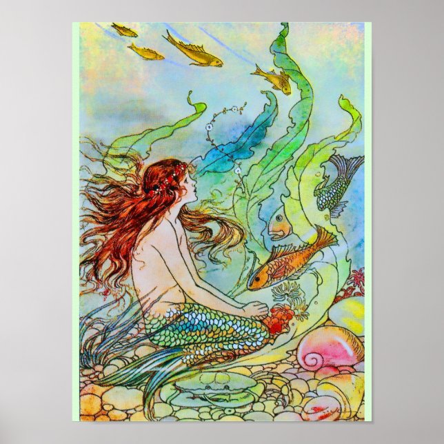 Poster Sirène colorée sous la mer (Devant)