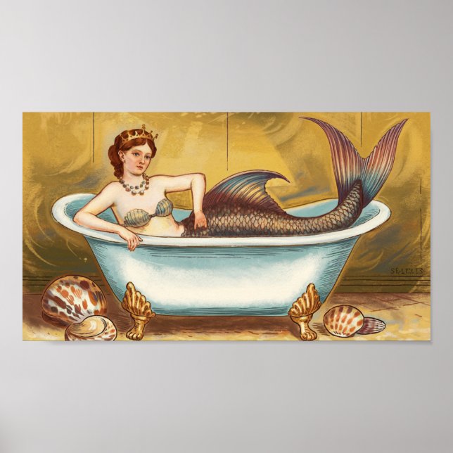 Poster Sirène d'antiquité dorée dans le bain (Devant)