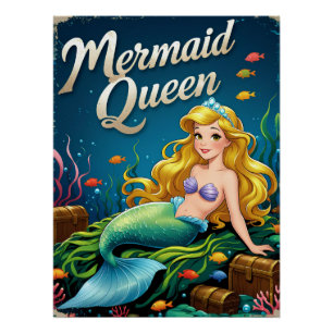 Poster Sirène de dessin animé fantaisiste sous l'eau ludi