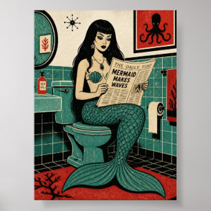 Poster Sirène de milieu de siècle sur les toilettes en le