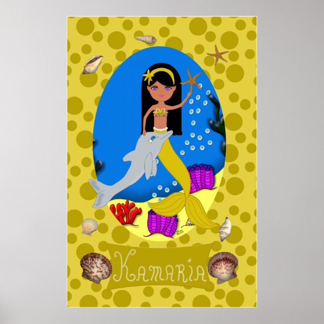 Poster Sirène d'or et dauphin (Devant)