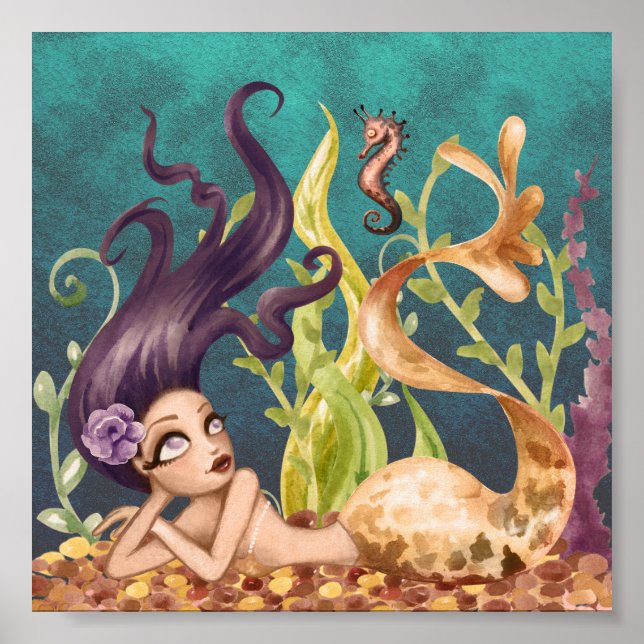 Poster Sirène et cheval de mer sous la mer (Devant)
