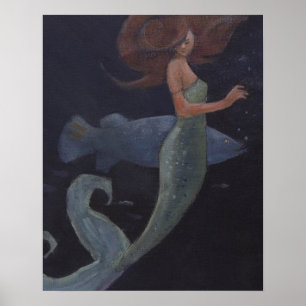 Poster Sirène et poisson bleu