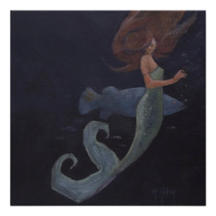 Poster Sirène et poisson bleu
