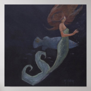 Poster Sirène et poisson bleu
