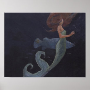 Poster Sirène et poisson bleu
