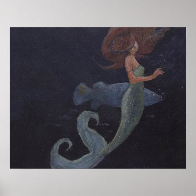 Poster Sirène et poisson bleu (Devant)