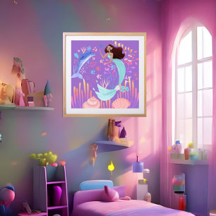 Poster Sirène fantastique violet rose bleu dauphin océan