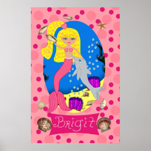 Poster Sirène rose et dauphin imprimé