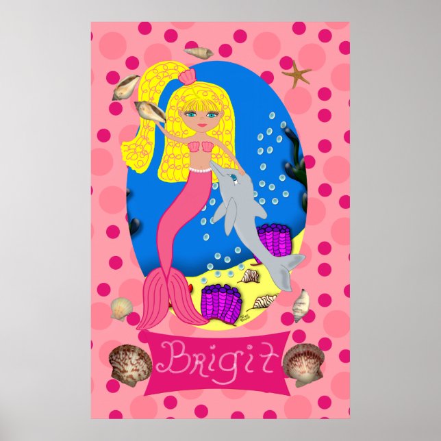Poster Sirène rose et dauphin imprimé (Devant)
