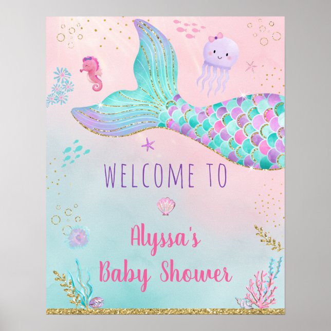 Poster Sirène Rose Sous Le Baby shower De Mer Accueil (Devant)