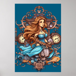 Poster Sirène Steampunk pour filles ou garçons sur un mur