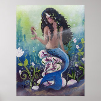 Poster Sirène sur les Roches avec hippocampe