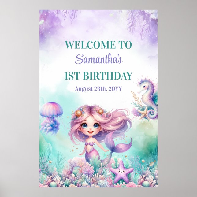 Poster Sirène turquoise et violette 1er anniversaire bien (Devant)